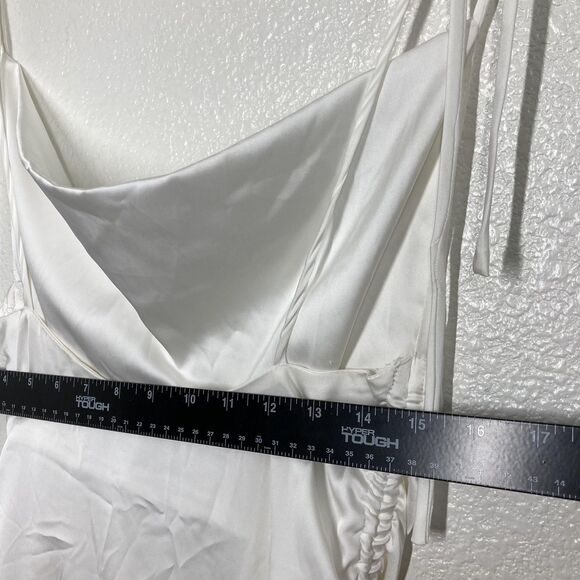 LEAU Dress Womens Small White Satin Cowl Neck Ruched Drawstring Slip Tie Straps - Picture 7 of 16